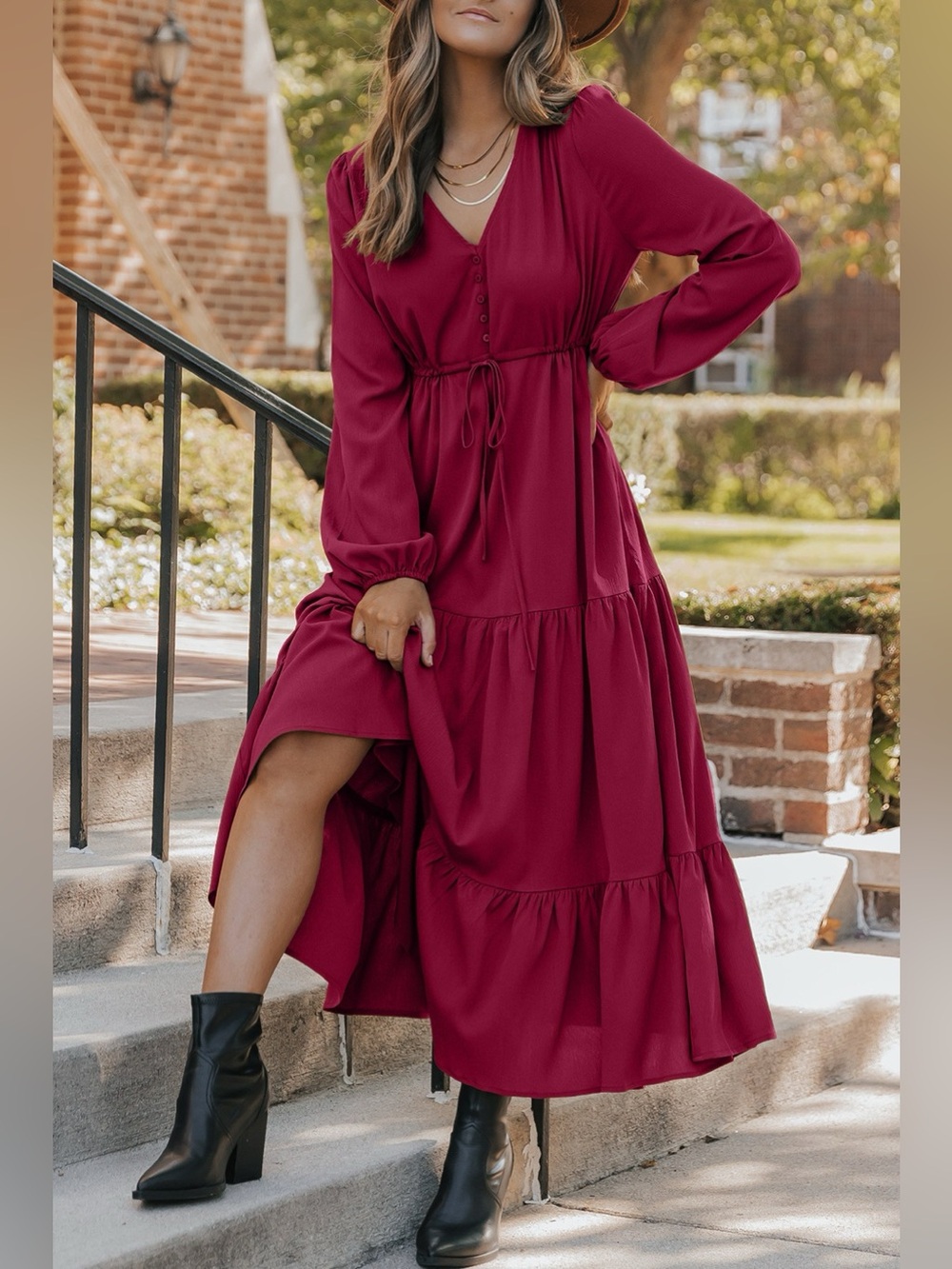 Long Sleeve Button V Neck Tiered Dress